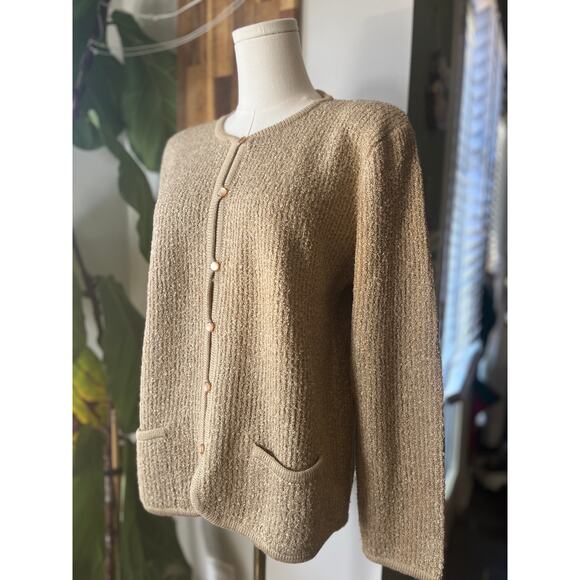 Vintage 80s Tan Boucle Button Front Cardigan Sweater Size Large - Picture 3 of 6